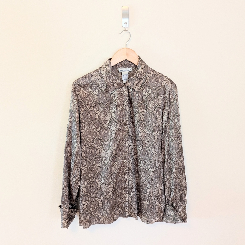 Vintage 90s Luxe Beige Silk Satin Paisley Print Button Up Shirt